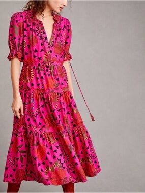 FARM Rio Pink & Red Patterned Midi Dress